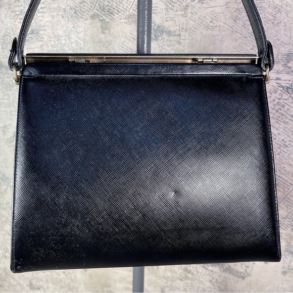 Etra Purse Vintage 1960's Black Leather French Hand painted with Pink Flowers - Picture 4 of 15